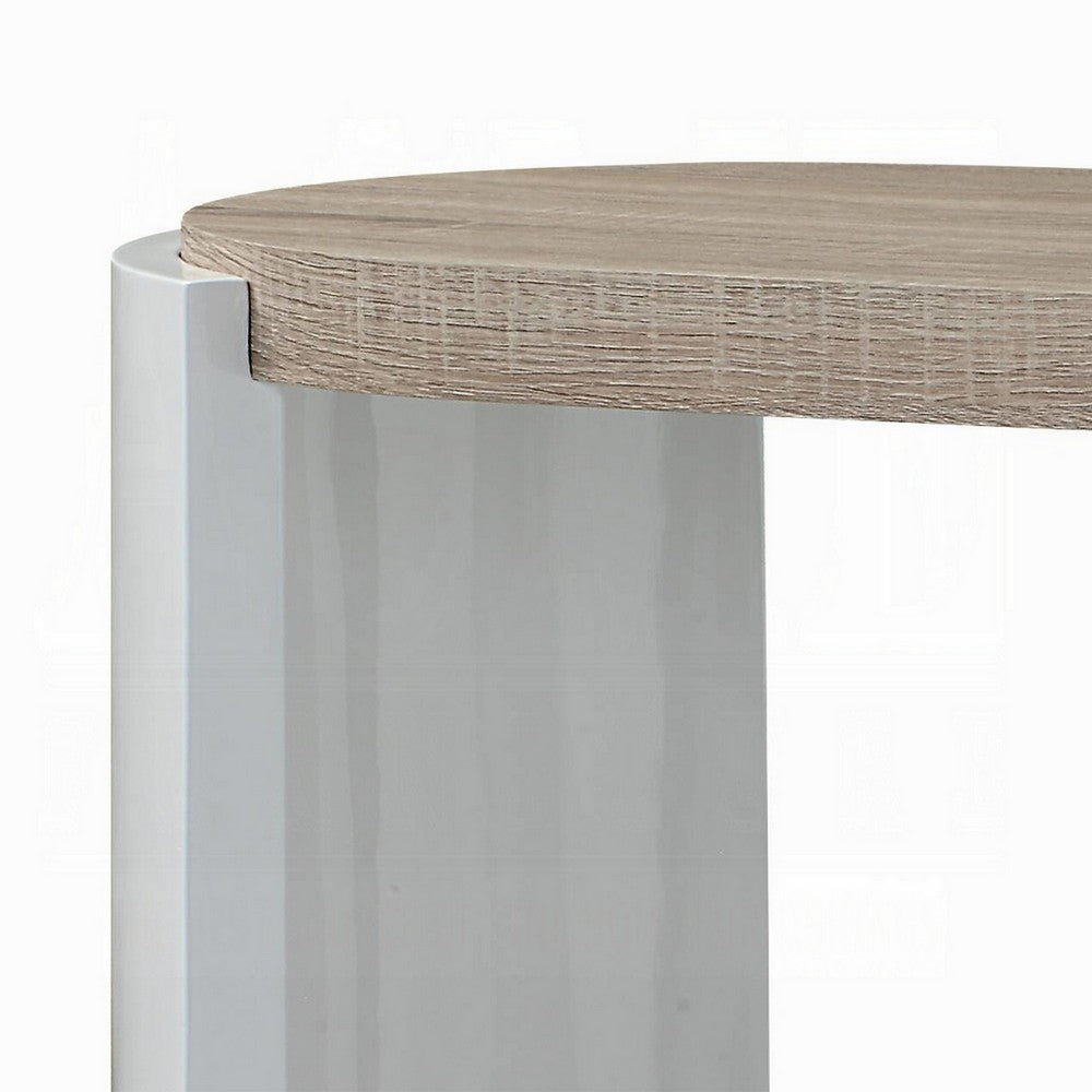 Benjara Romani Sofa Console Table, White High Gloss Wood, Brown, Oval 47 Inch