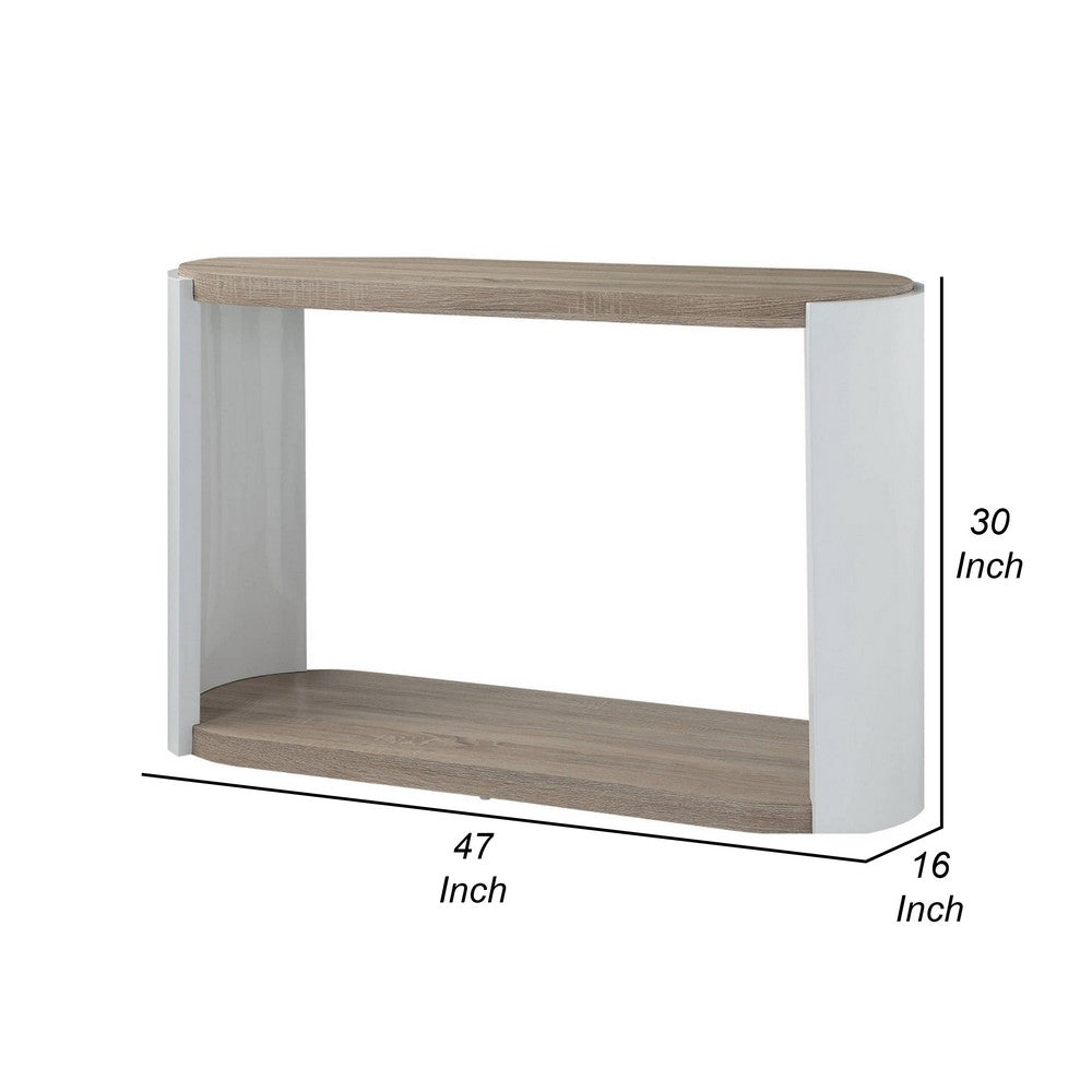 Benjara Romani Sofa Console Table, White High Gloss Wood, Brown, Oval 47 Inch