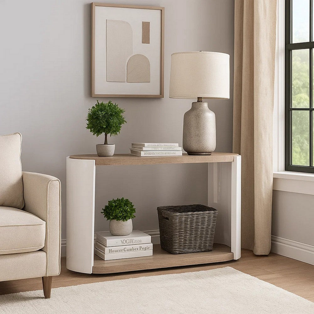 Benjara Romani Sofa Console Table, White High Gloss Wood, Brown, Oval 47 Inch
