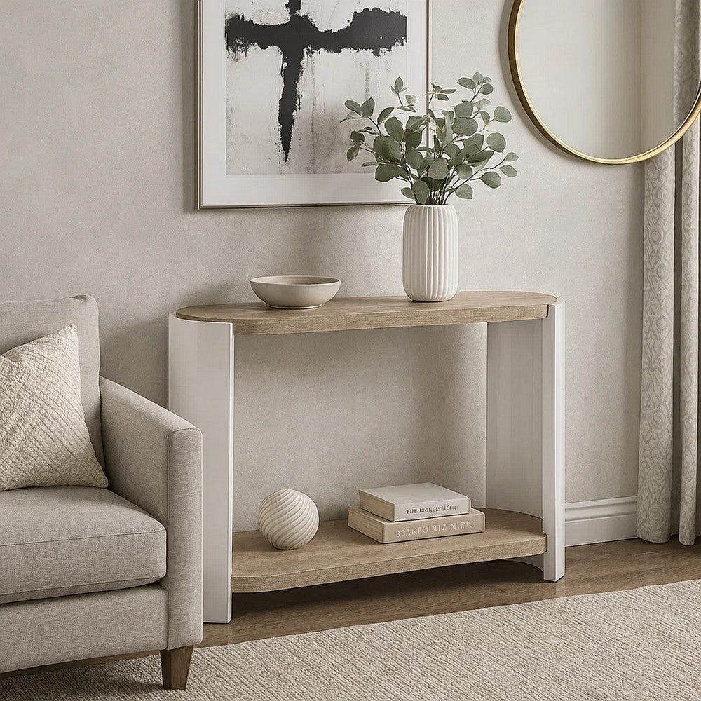 Benjara Romani Sofa Console Table, White High Gloss Wood, Brown, Oval 47 Inch