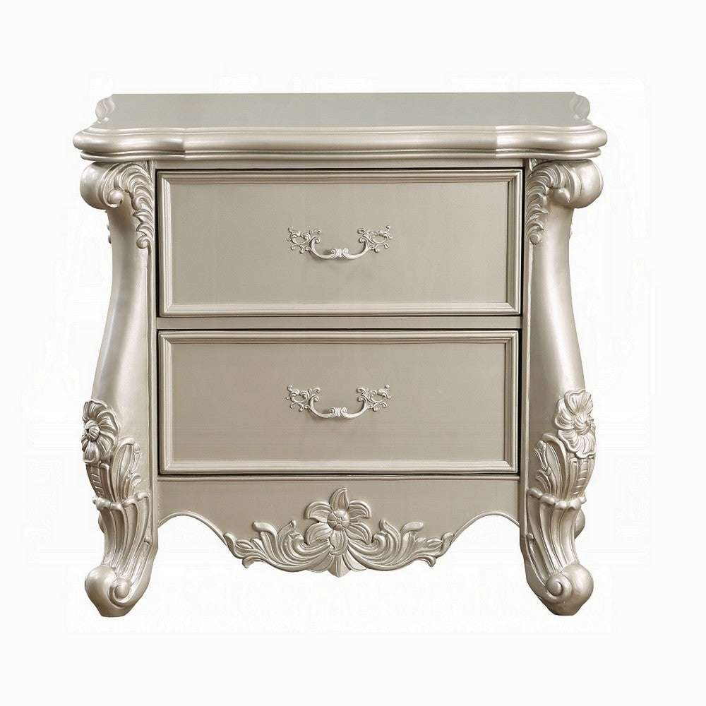 Benjara Bowe Nightstand with 2 Drawers, Scrolled, 32 Inch Champagne Gold Wood