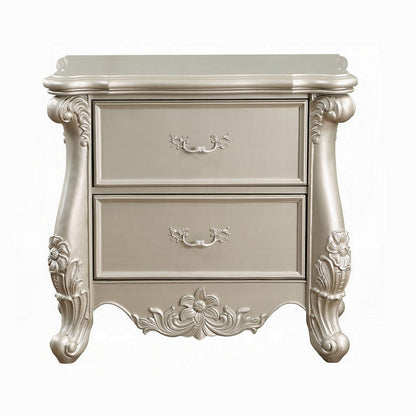 Benjara Bowe Nightstand with 2 Drawers, Scrolled, 32 Inch Champagne Gold Wood