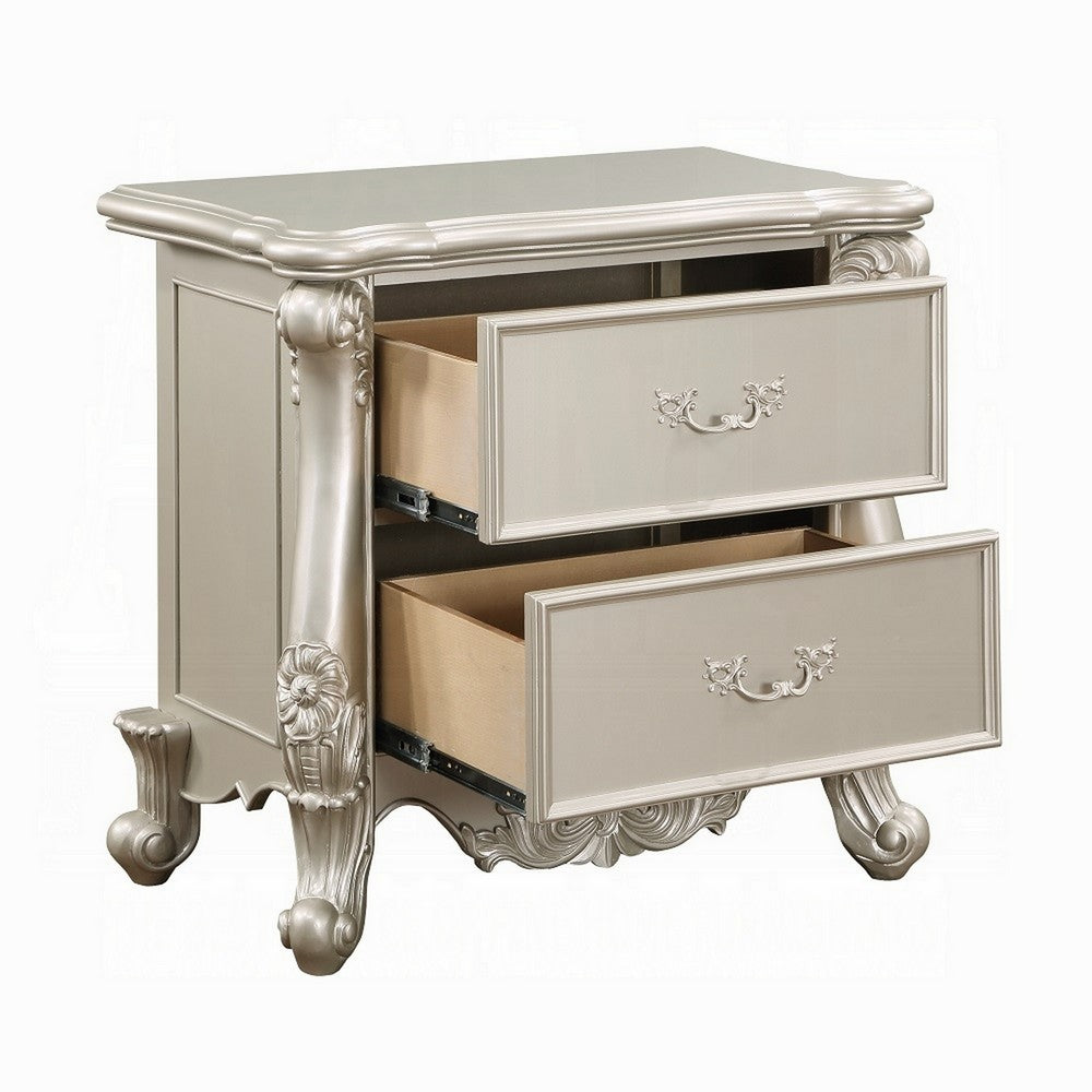 Benjara Bowe Nightstand with 2 Drawers, Scrolled, 32 Inch Champagne Gold Wood