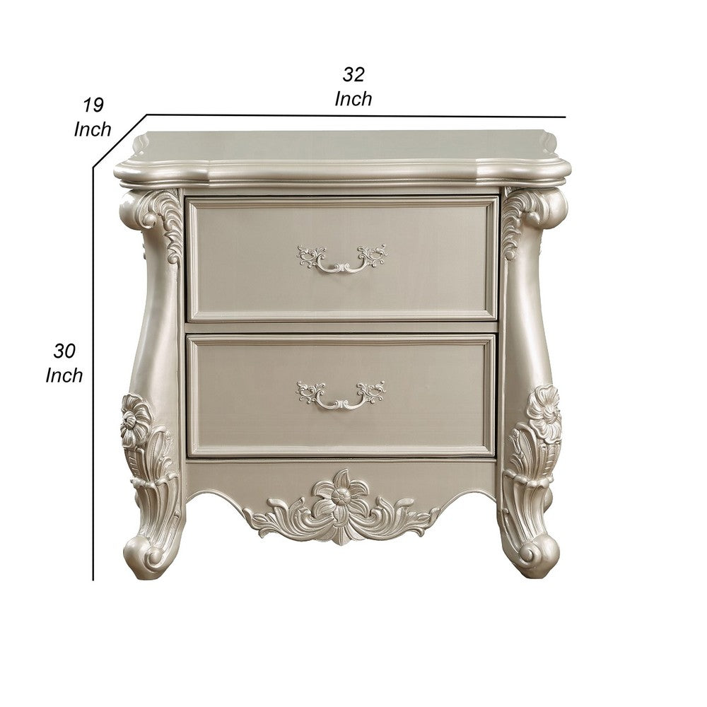 Benjara Bowe Nightstand with 2 Drawers, Scrolled, 32 Inch Champagne Gold Wood