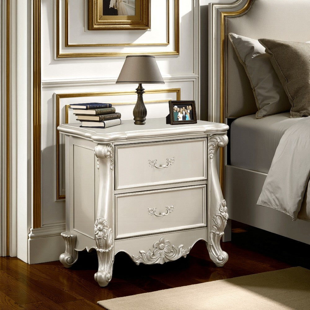 Benjara Bowe Nightstand with 2 Drawers, Scrolled, 32 Inch Champagne Gold Wood