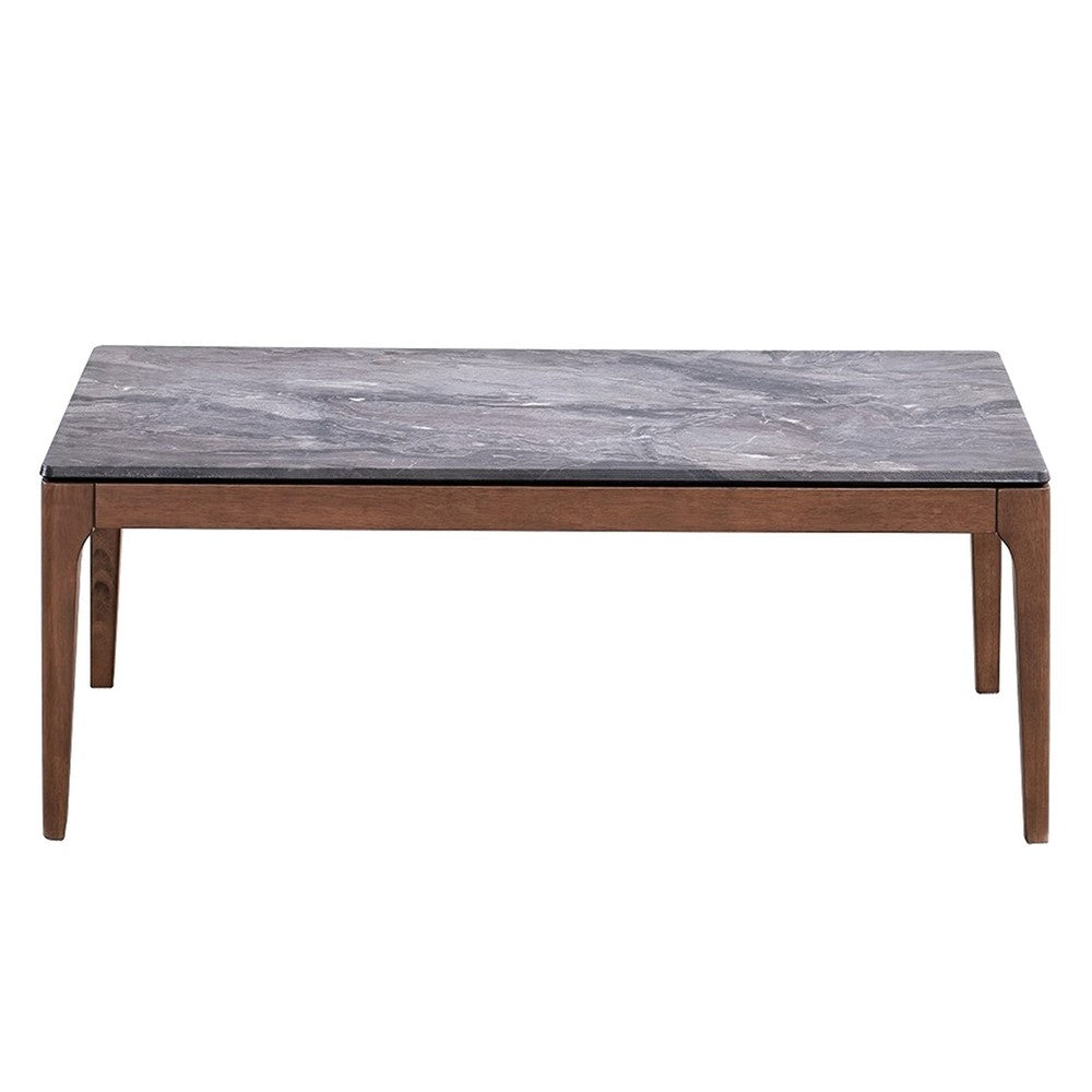 Benjara Evis Coffee Table, Rectangular 47 Inch Gray Faux Stone, Brown Wood