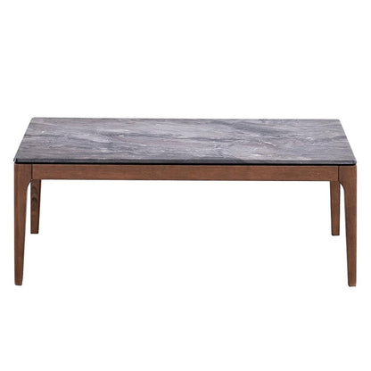 Benjara Evis Coffee Table, Rectangular 47 Inch Gray Faux Stone, Brown Wood