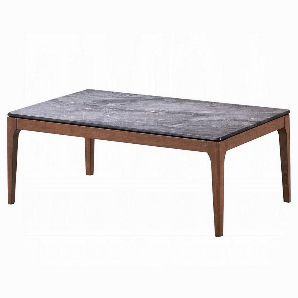 Benjara Evis Coffee Table, Rectangular 47 Inch Gray Faux Stone, Brown Wood
