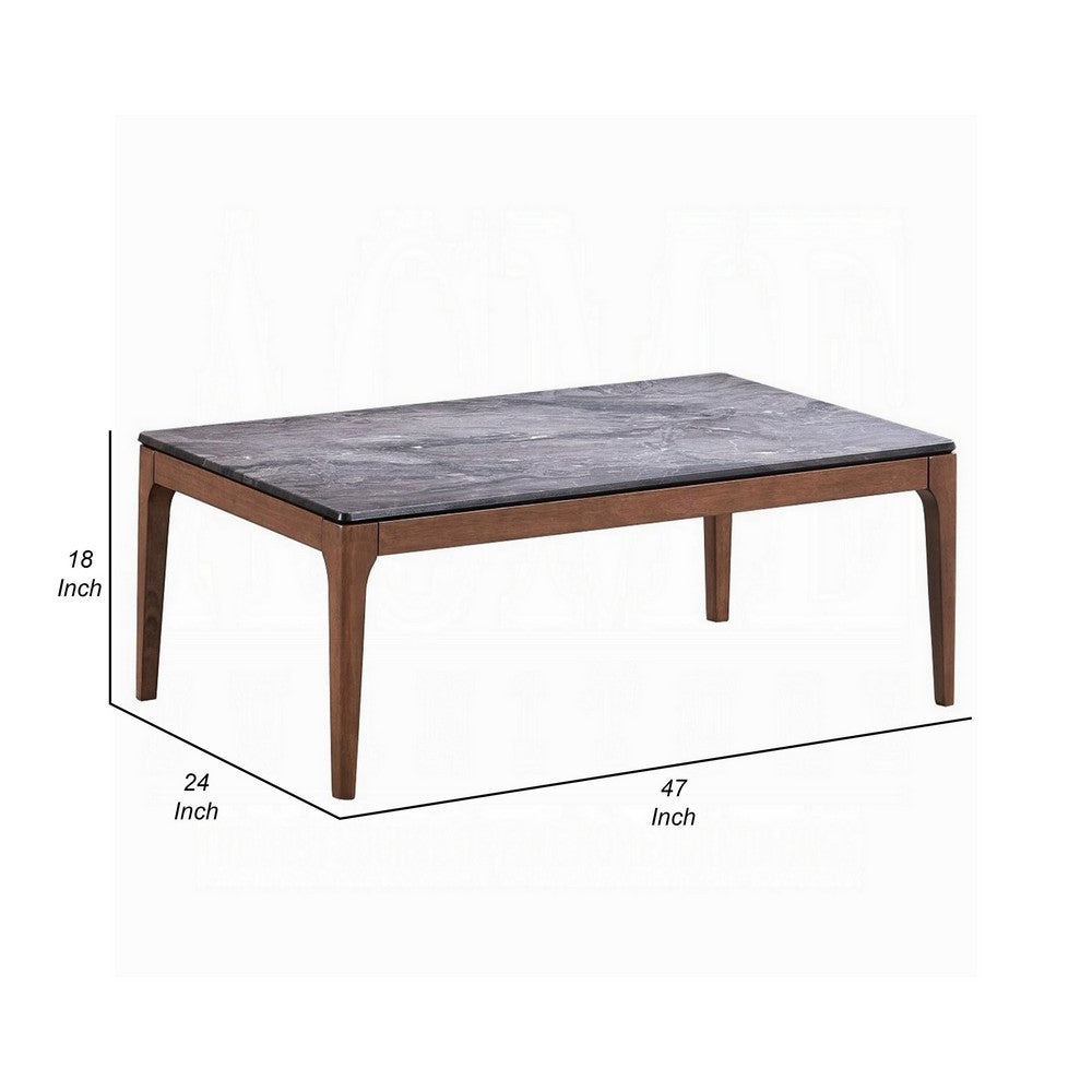 Benjara Evis Coffee Table, Rectangular 47 Inch Gray Faux Stone, Brown Wood