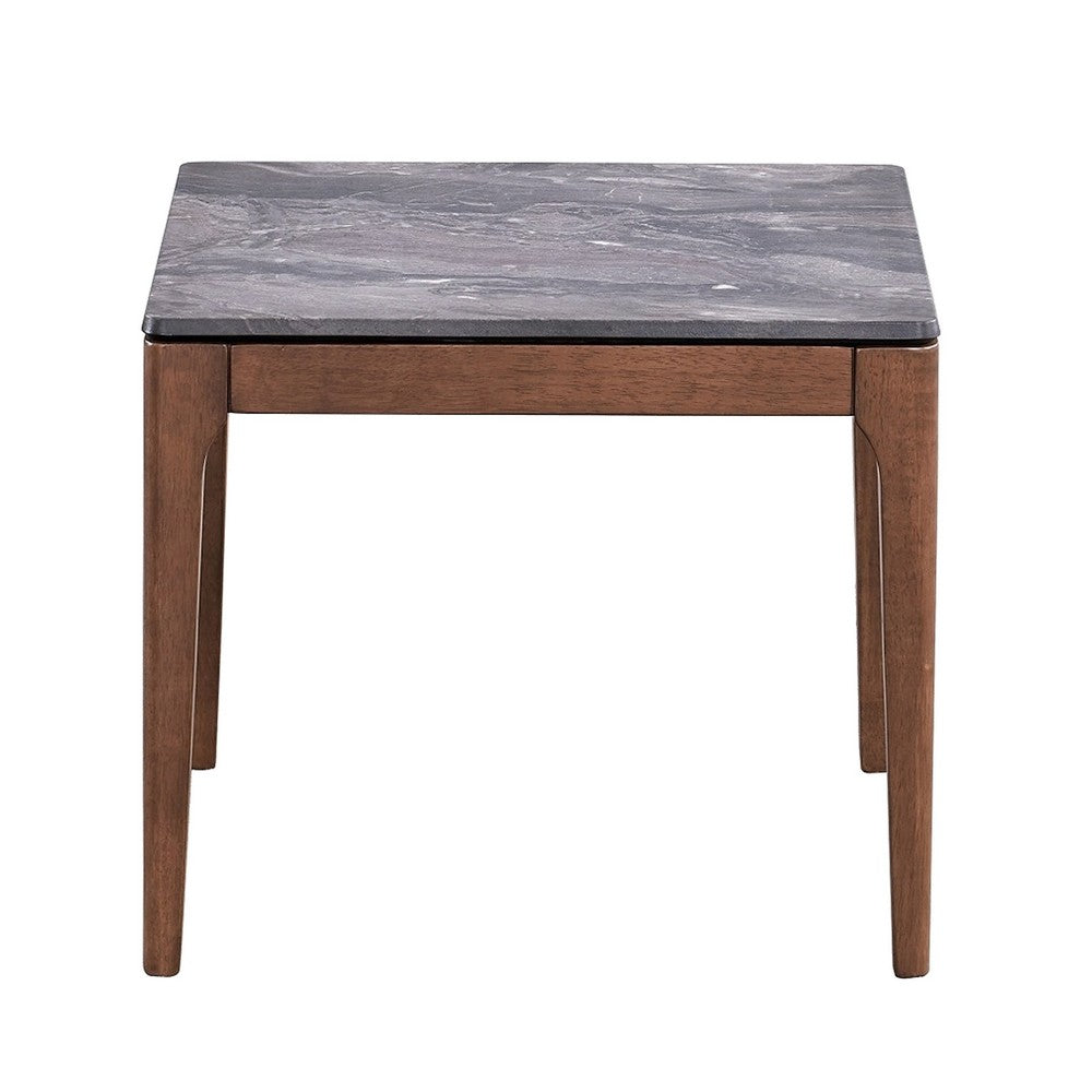 Benjara Evis Side End Table, 24 Inch Square Gray Faux Stone Top, Brown Wood