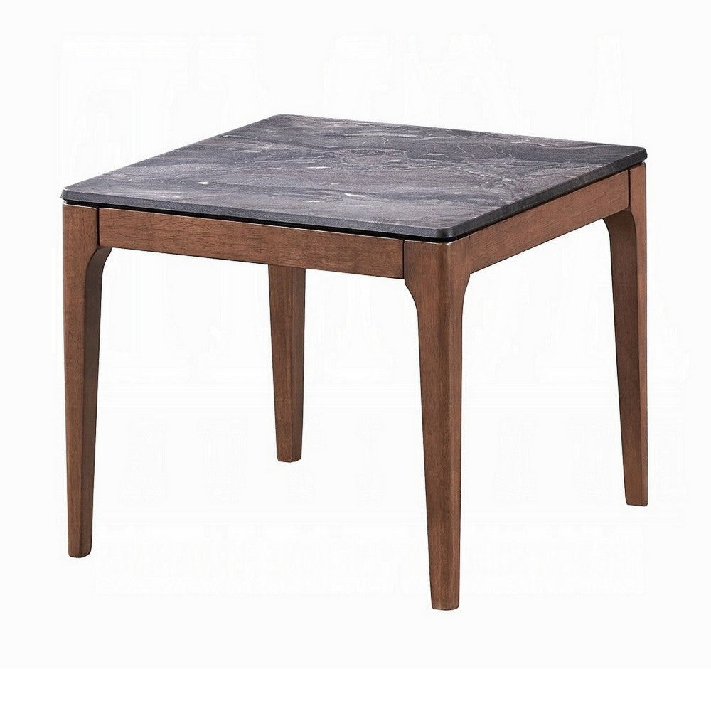 Benjara Evis Side End Table, 24 Inch Square Gray Faux Stone Top, Brown Wood