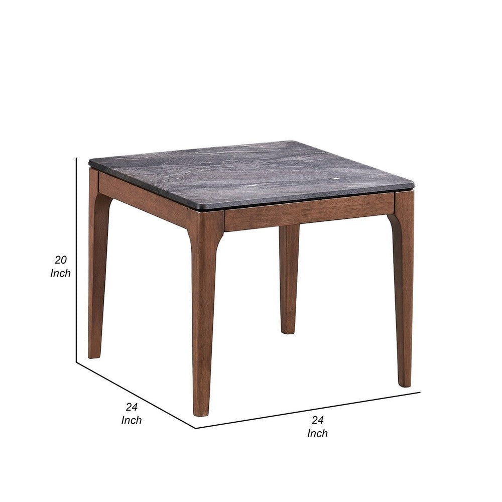 Benjara Evis Side End Table, 24 Inch Square Gray Faux Stone Top, Brown Wood