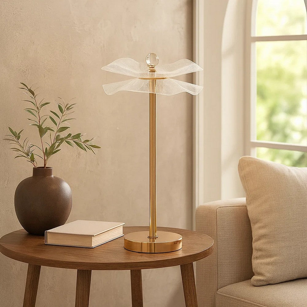Benjara Accent Table Lamp, LED, Lotus Shape Acrylic, Copper, Gold, 18 Inch