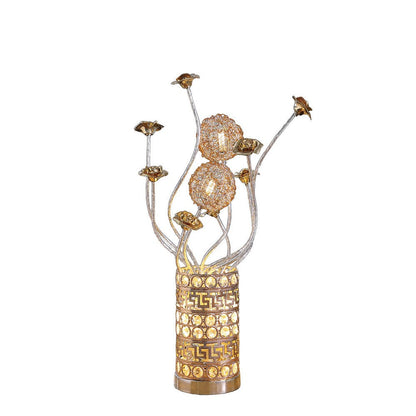 Benjara Table Lamp, Rose Bud Floral Vase, Cage Textured Gold Chrome 22 Inch