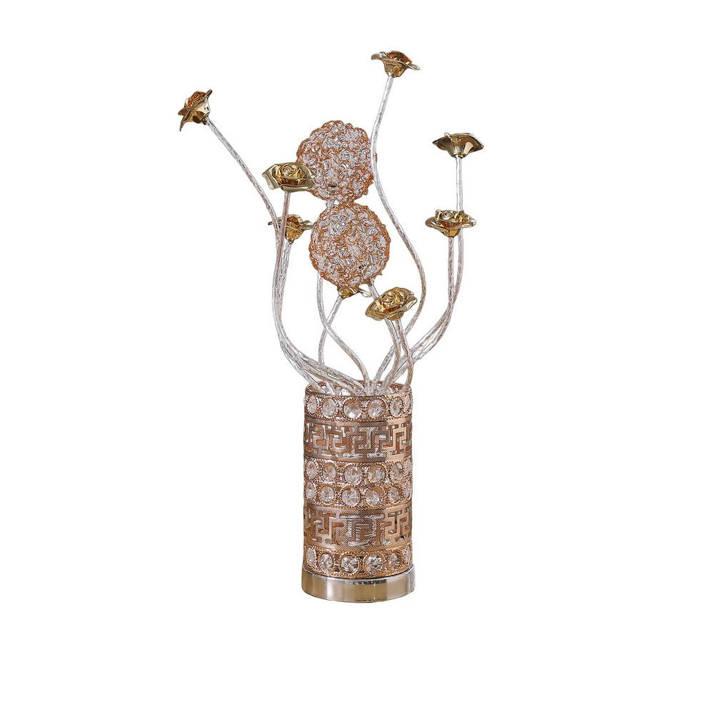 Benjara Table Lamp, Rose Bud Floral Vase, Cage Textured Gold Chrome 22 Inch