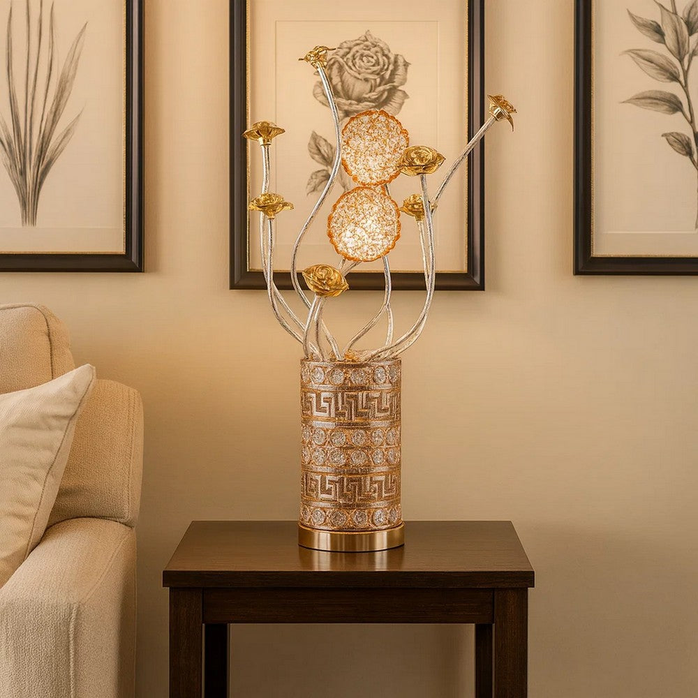 Benjara Table Lamp, Rose Bud Floral Vase, Cage Textured Gold Chrome 22 Inch