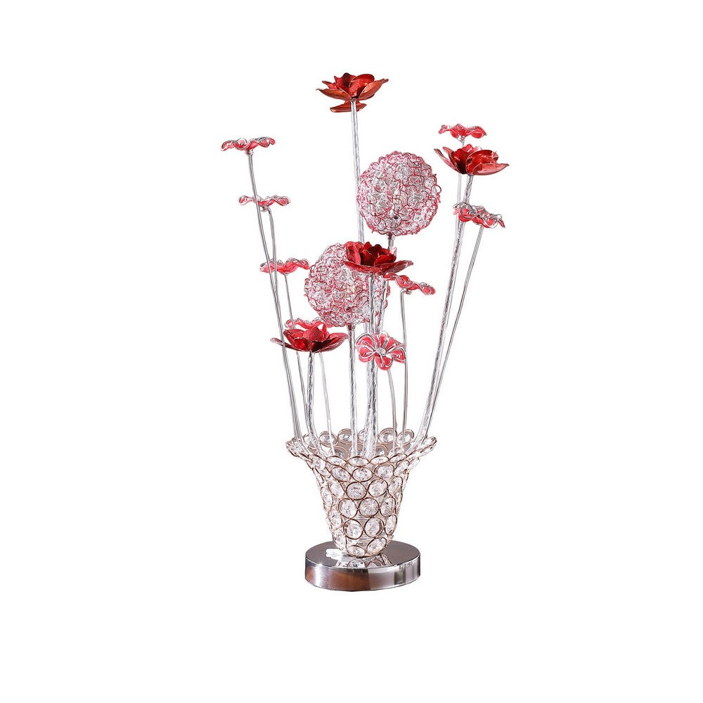 Benjara Accent Table Lamp, LED, Red Roses Trumpet Crystal Vase, Chrome 21 Inch