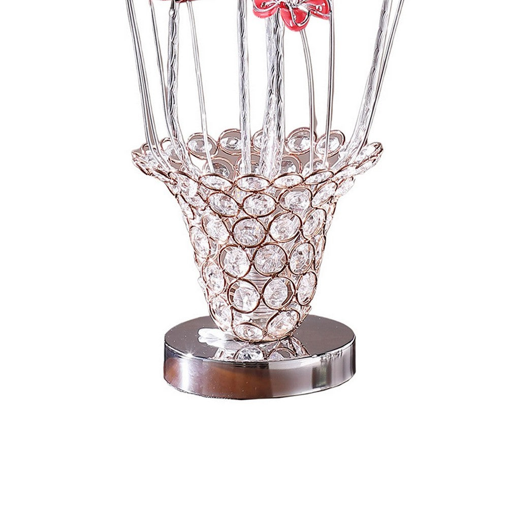 Benjara Accent Table Lamp, LED, Red Roses Trumpet Crystal Vase, Chrome 21 Inch