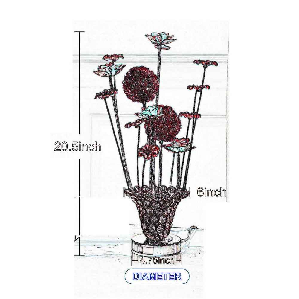 Benjara Accent Table Lamp, LED, Red Roses Trumpet Crystal Vase, Chrome 21 Inch