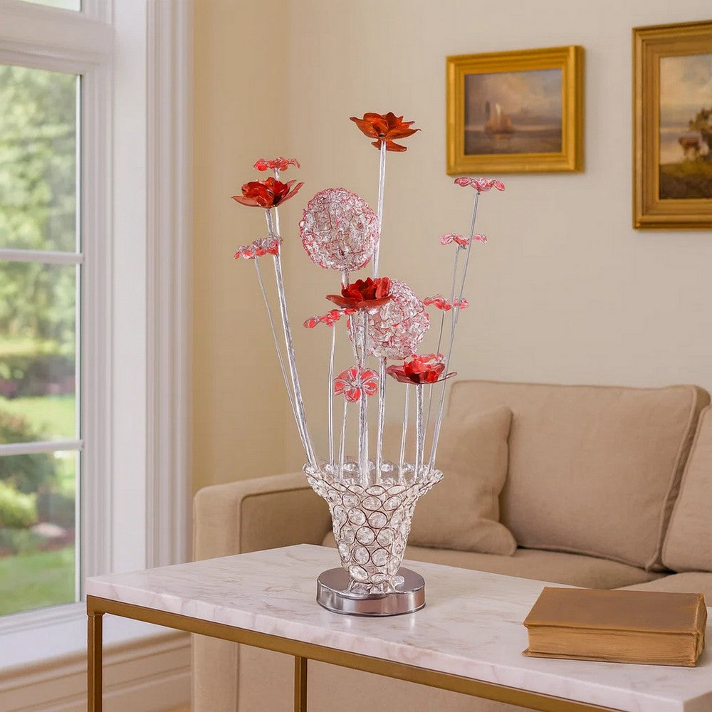 Benjara Accent Table Lamp, LED, Red Roses Trumpet Crystal Vase, Chrome 21 Inch