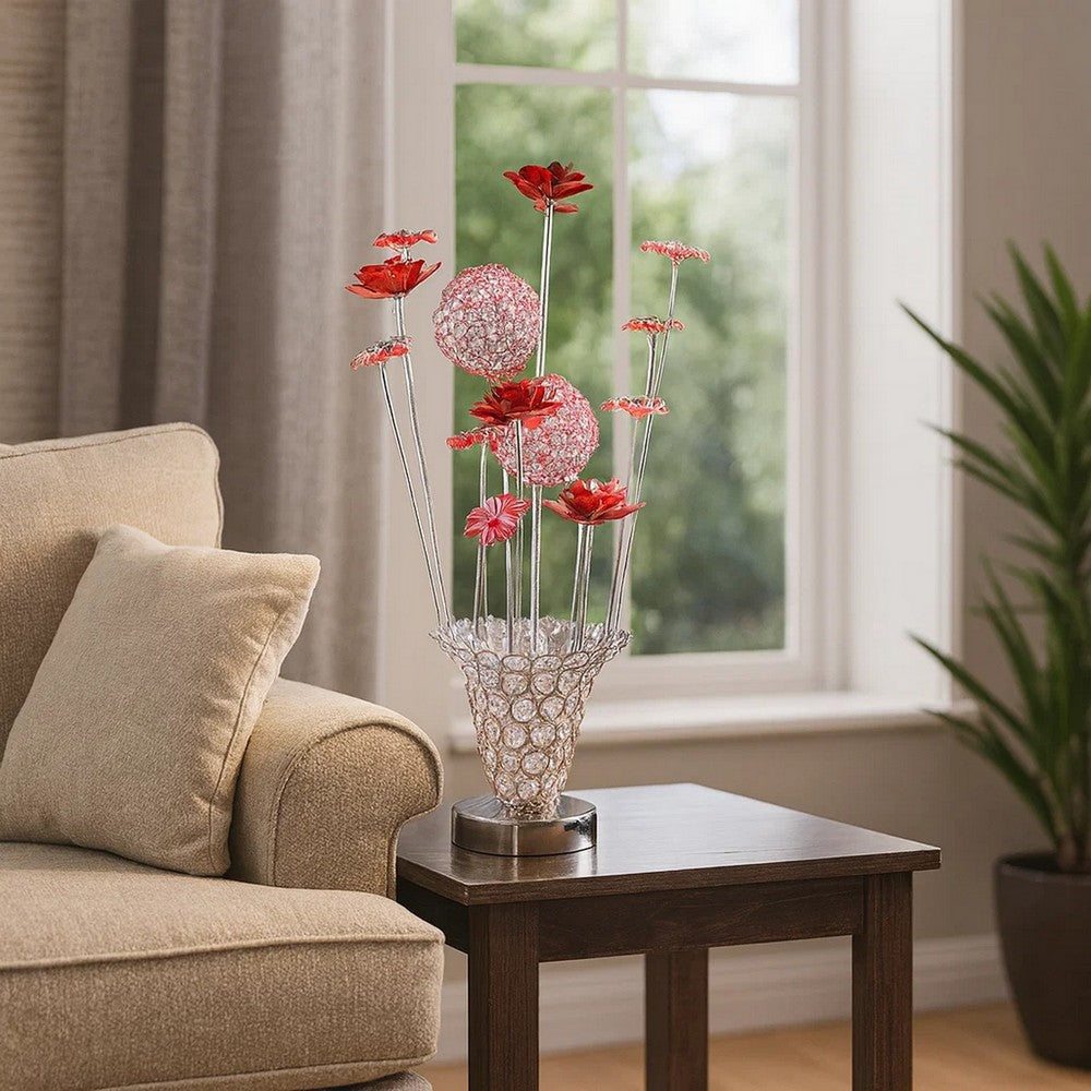 Benjara Accent Table Lamp, LED, Red Roses Trumpet Crystal Vase, Chrome 21 Inch