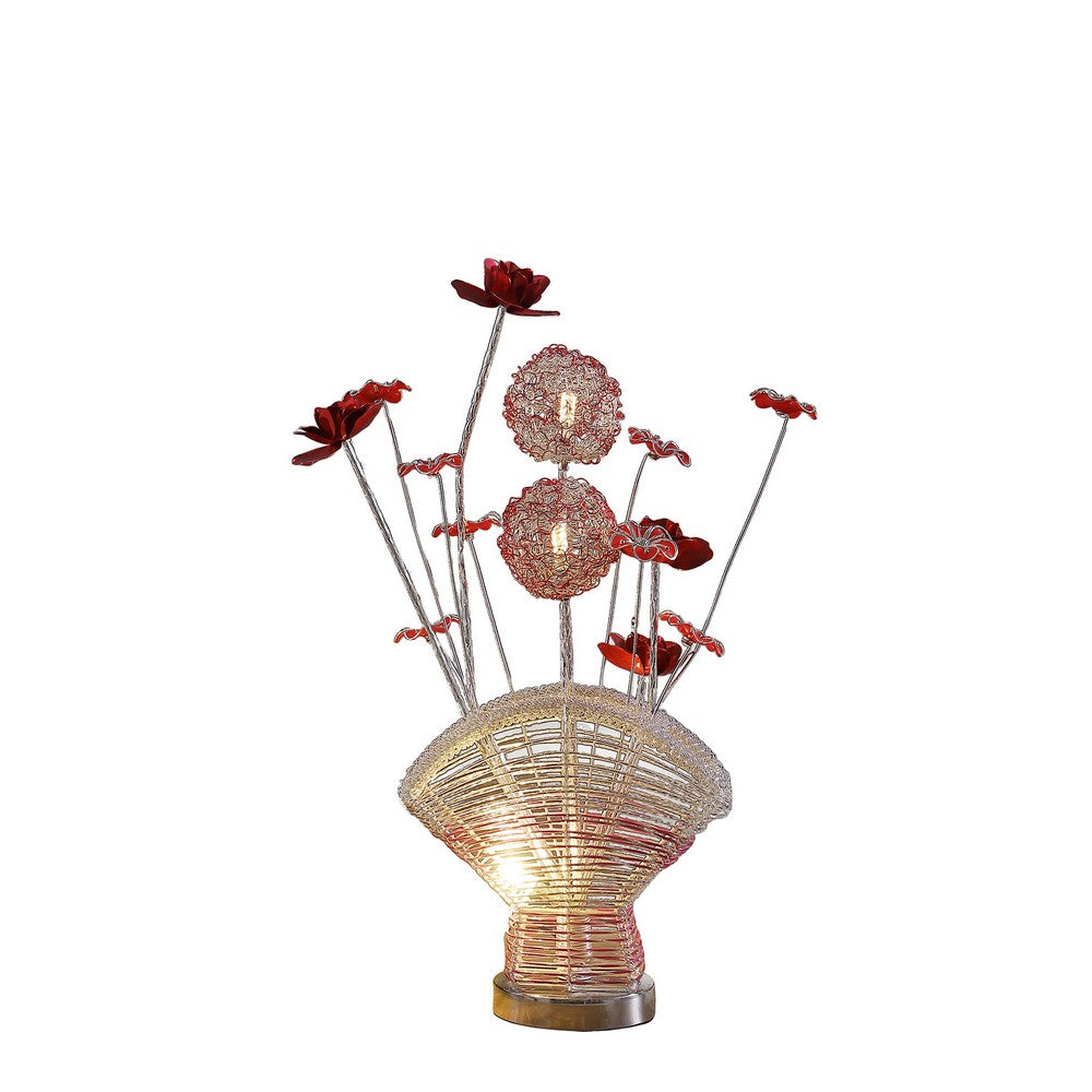 Benjara Accent Table Lamp, LED, Red Roses Fan Crystal Vase, Chrome 22 Inch