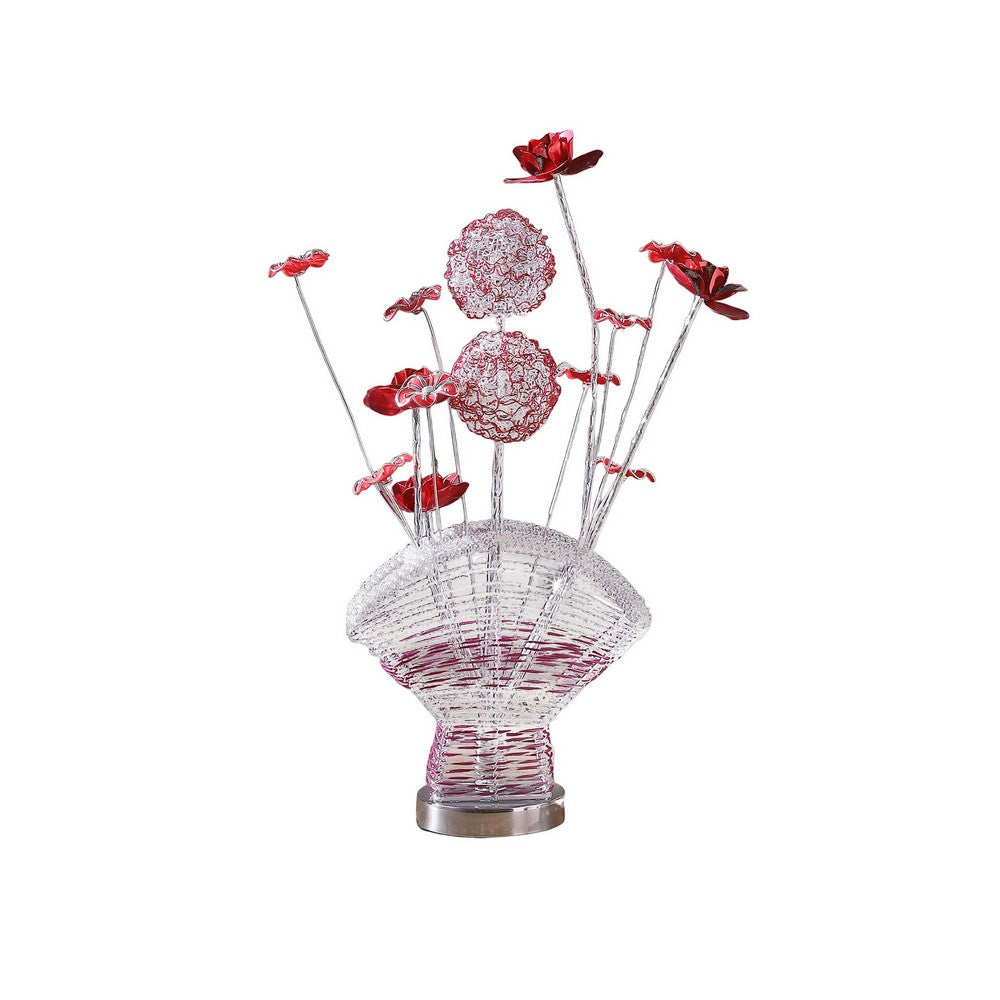 Benjara Accent Table Lamp, LED, Red Roses Fan Crystal Vase, Chrome 22 Inch