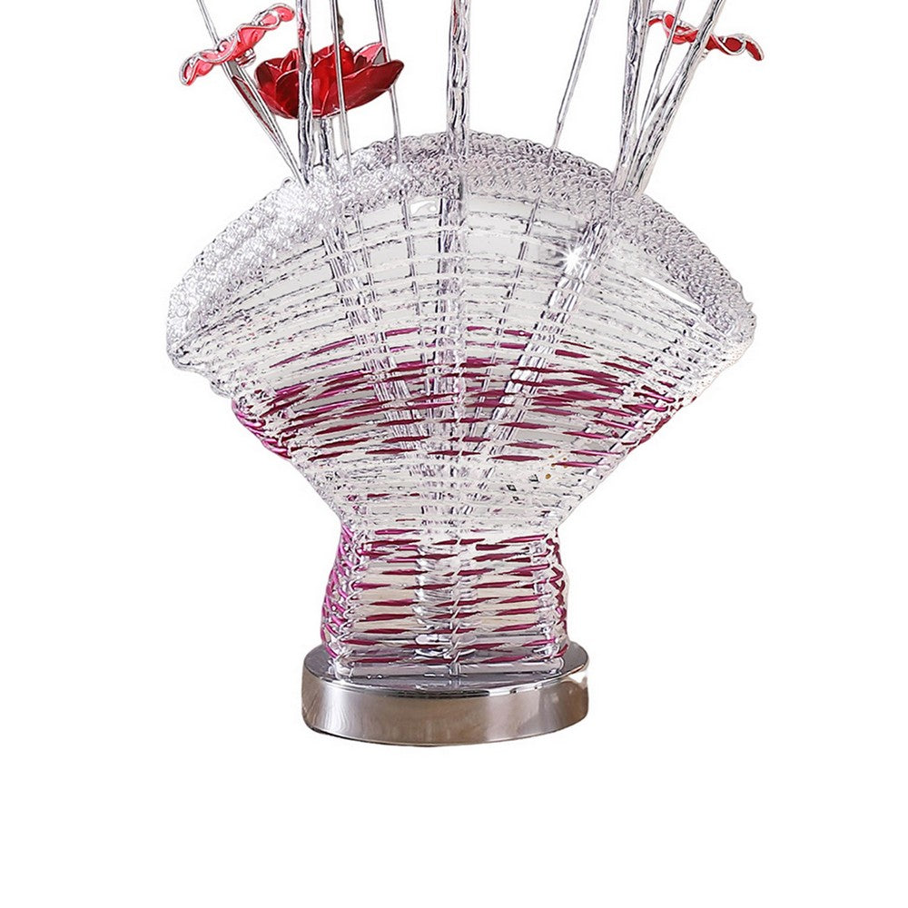 Benjara Accent Table Lamp, LED, Red Roses Fan Crystal Vase, Chrome 22 Inch