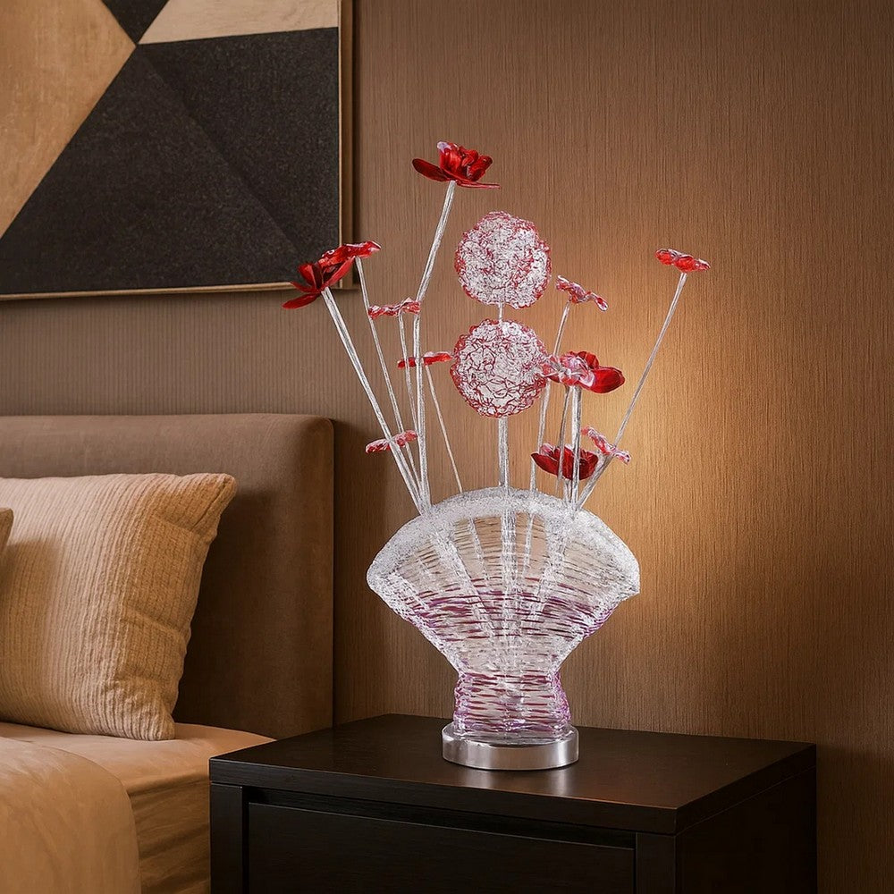 Benjara Accent Table Lamp, LED, Red Roses Fan Crystal Vase, Chrome 22 Inch