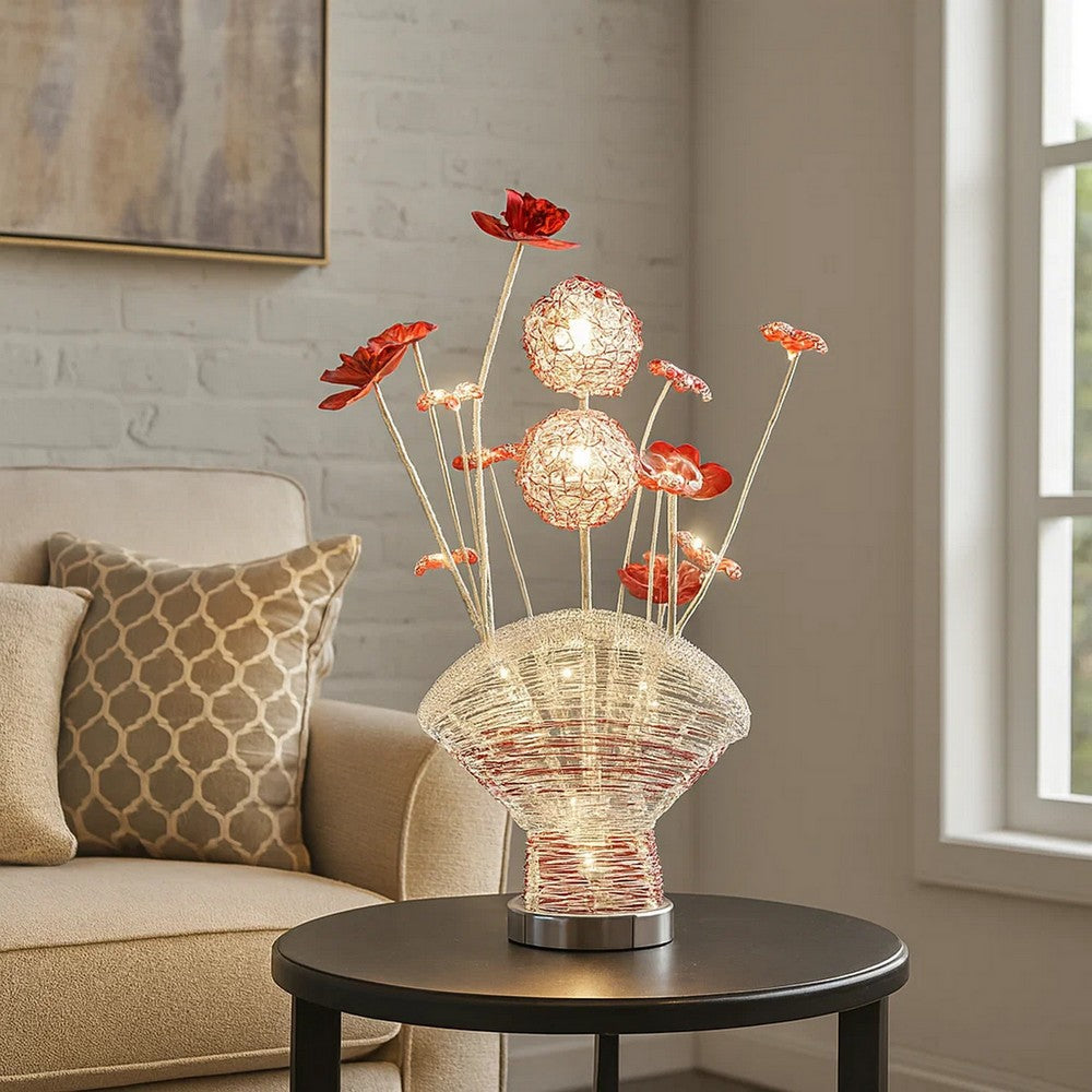Benjara Accent Table Lamp, LED, Red Roses Fan Crystal Vase, Chrome 22 Inch