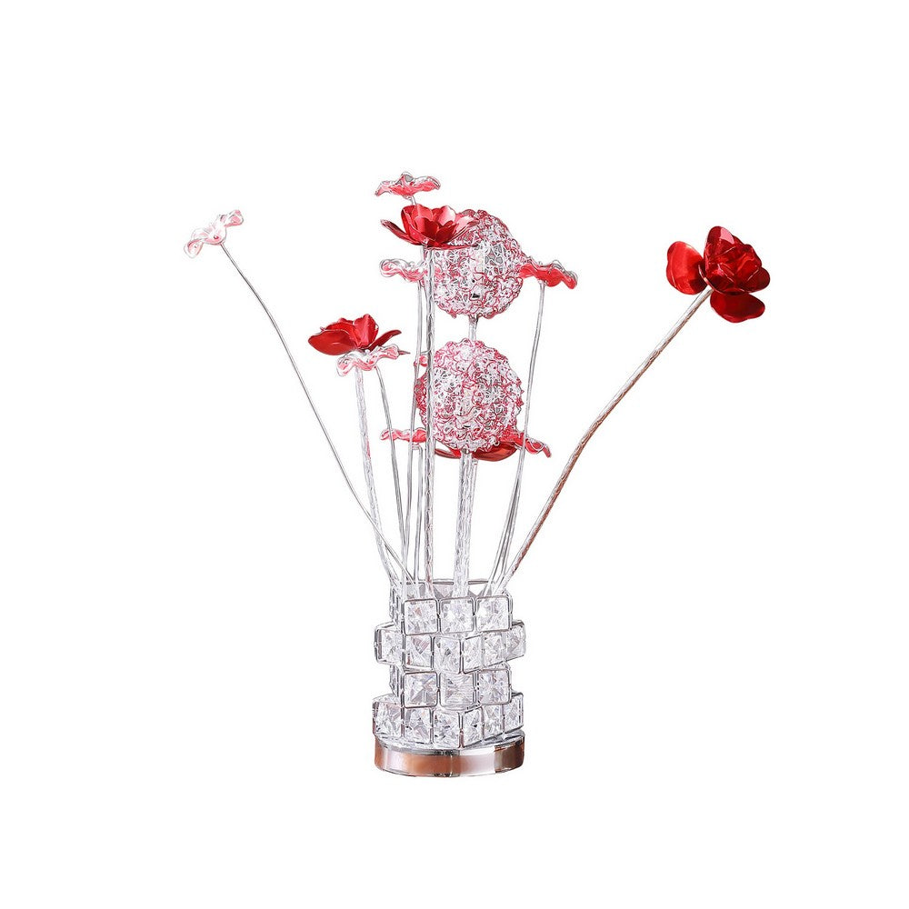 Benjara Accent Table Lamp, LED, Red Roses, Crystal Square Vase, Chrome 21 Inch