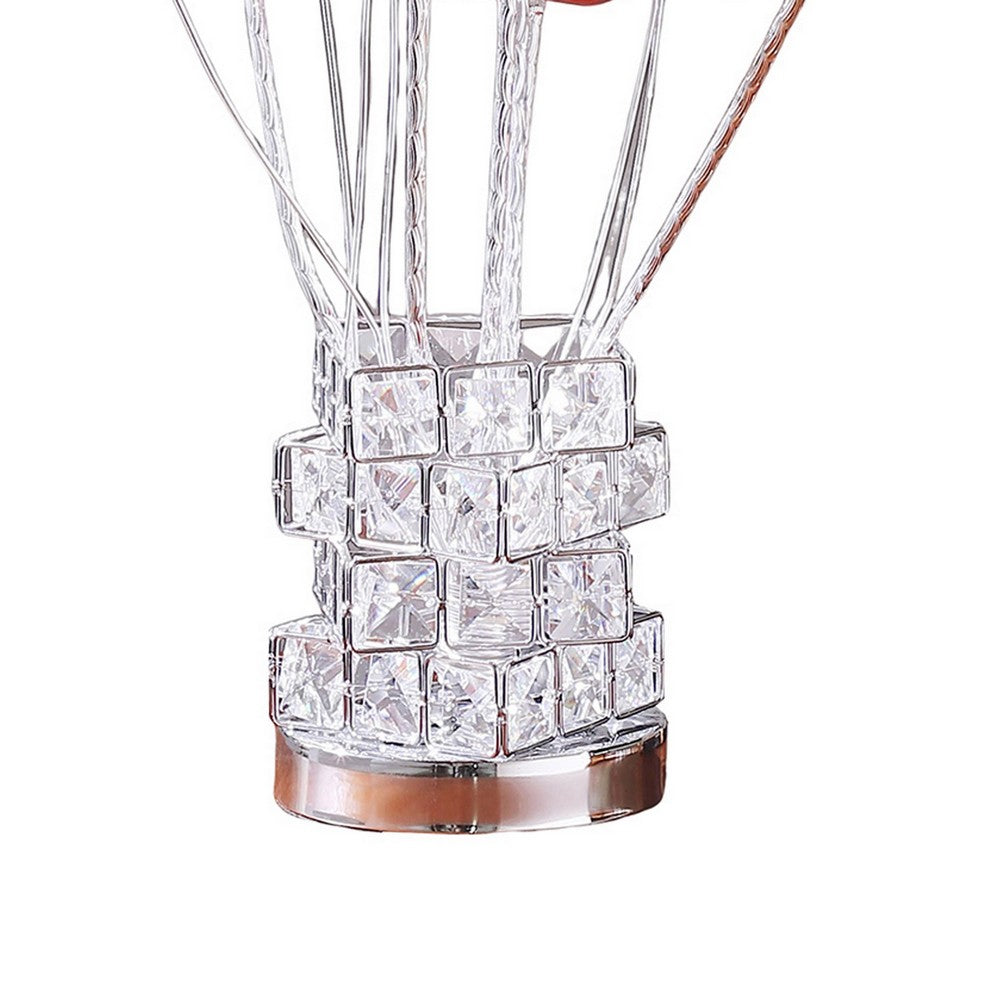 Benjara Accent Table Lamp, LED, Red Roses, Crystal Square Vase, Chrome 21 Inch