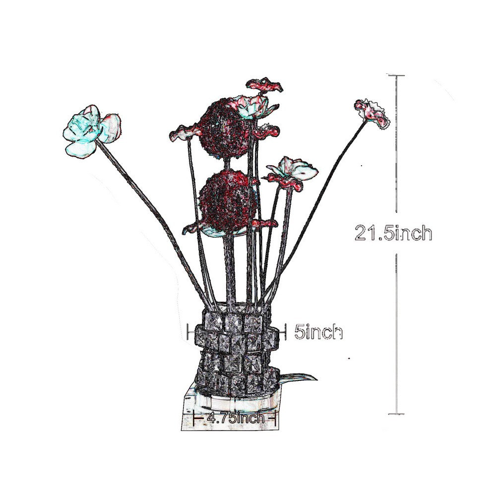 Benjara Accent Table Lamp, LED, Red Roses, Crystal Square Vase, Chrome 21 Inch
