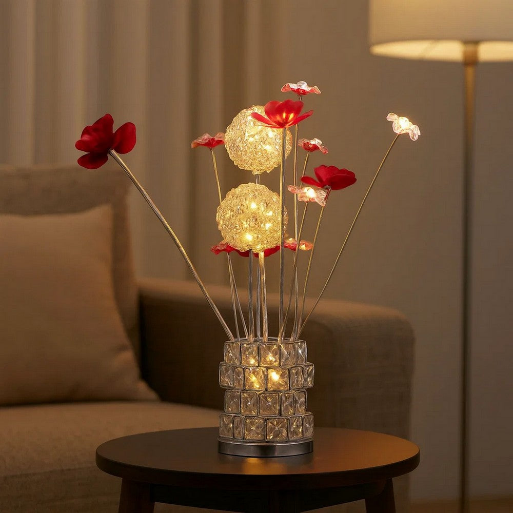 Benjara Accent Table Lamp, LED, Red Roses, Crystal Square Vase, Chrome 21 Inch