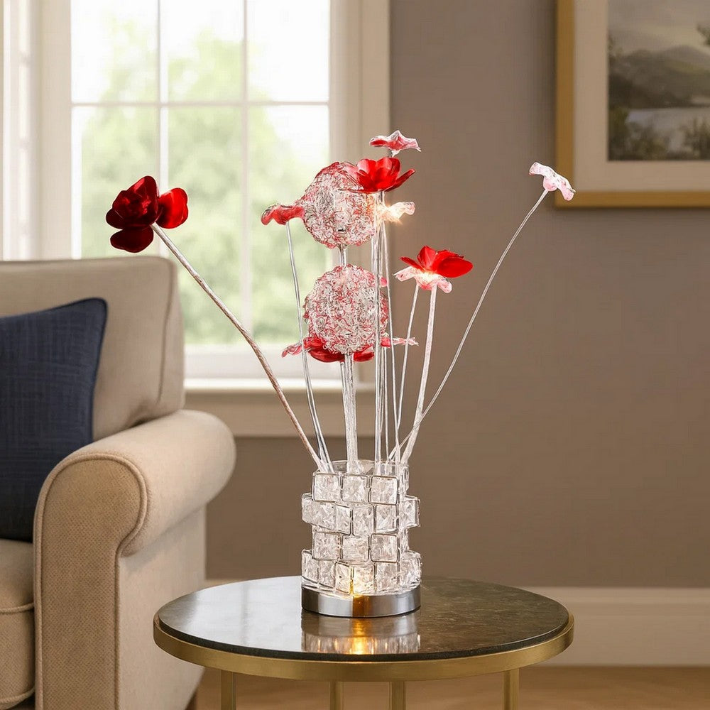 Benjara Accent Table Lamp, LED, Red Roses, Crystal Square Vase, Chrome 21 Inch