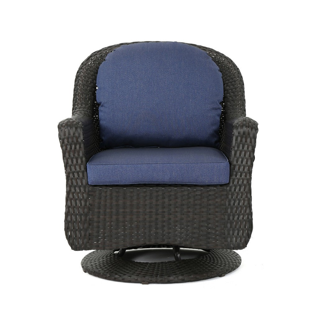 Benjara Kaia Outdoor Swivel Accent Chair Set of 2, Rattan Wicker Weave, Blue