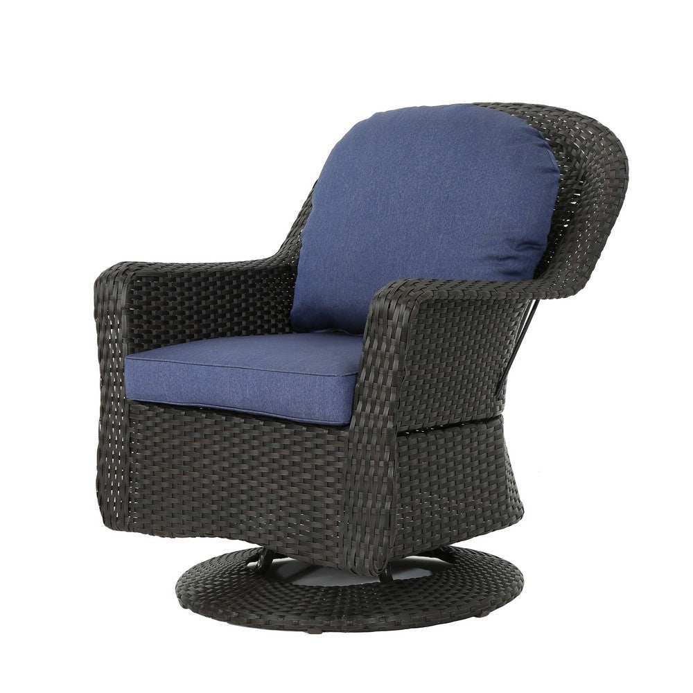 Benjara Kaia Outdoor Swivel Accent Chair Set of 2, Rattan Wicker Weave, Blue