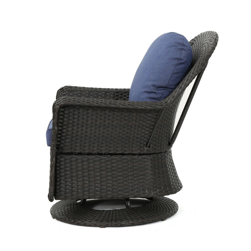 Benjara Kaia Outdoor Swivel Accent Chair Set of 2, Rattan Wicker Weave, Blue