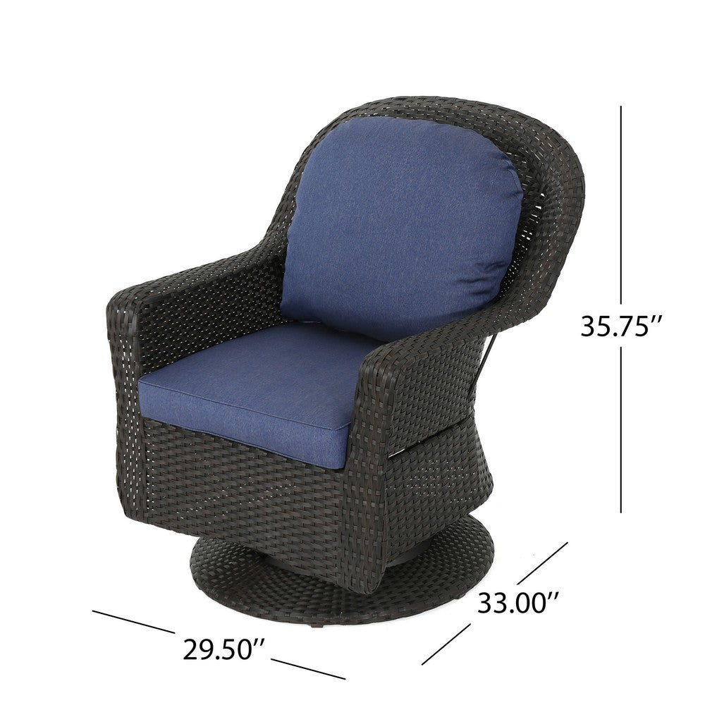 Benjara Kaia Outdoor Swivel Accent Chair Set of 2, Rattan Wicker Weave, Blue