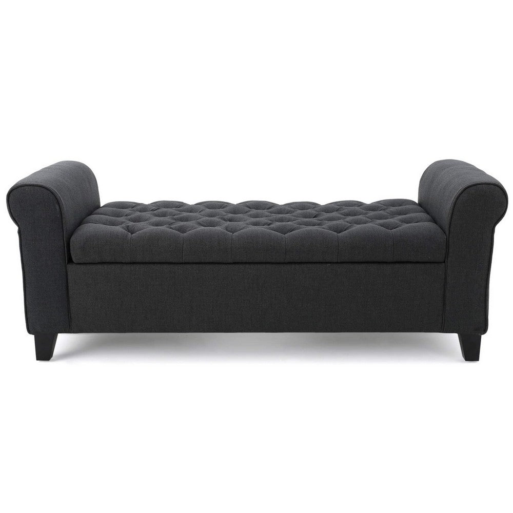 Benjara Shawn Storage Bench with Rolled Arms, 50 Inch Button Tufted Dark Gray