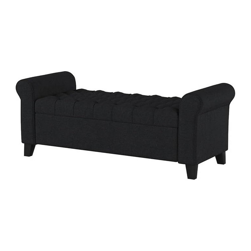 Benjara Shawn Storage Bench with Rolled Arms, 50 Inch Button Tufted Dark Gray