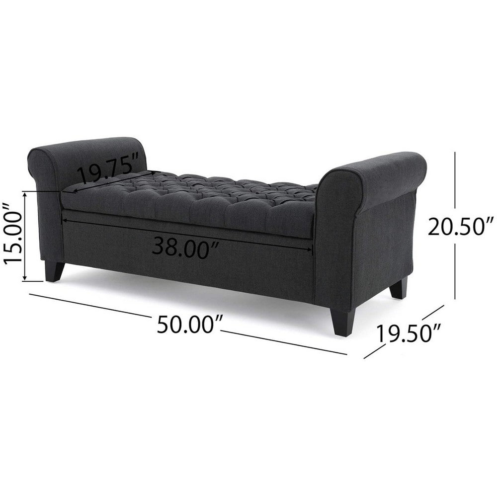 Benjara Shawn Storage Bench with Rolled Arms, 50 Inch Button Tufted Dark Gray