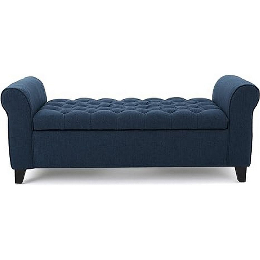 Benjara Shawn Storage Bench with Rolled Arms, 50 Inch Button Tufted, Dark Blue