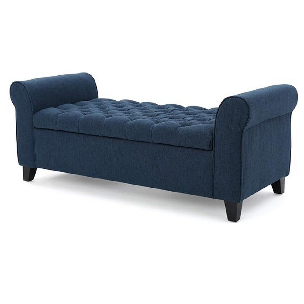 Benjara Shawn Storage Bench with Rolled Arms, 50 Inch Button Tufted, Dark Blue