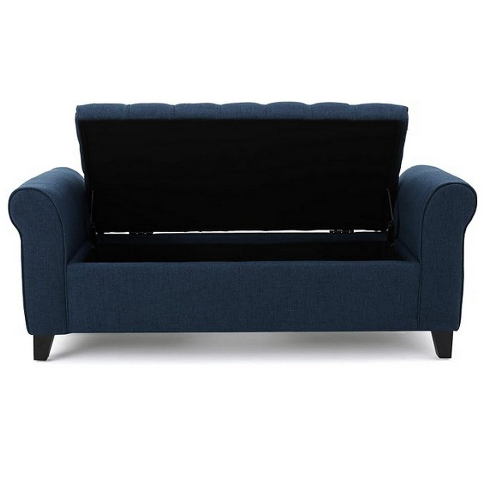 Benjara Shawn Storage Bench with Rolled Arms, 50 Inch Button Tufted, Dark Blue