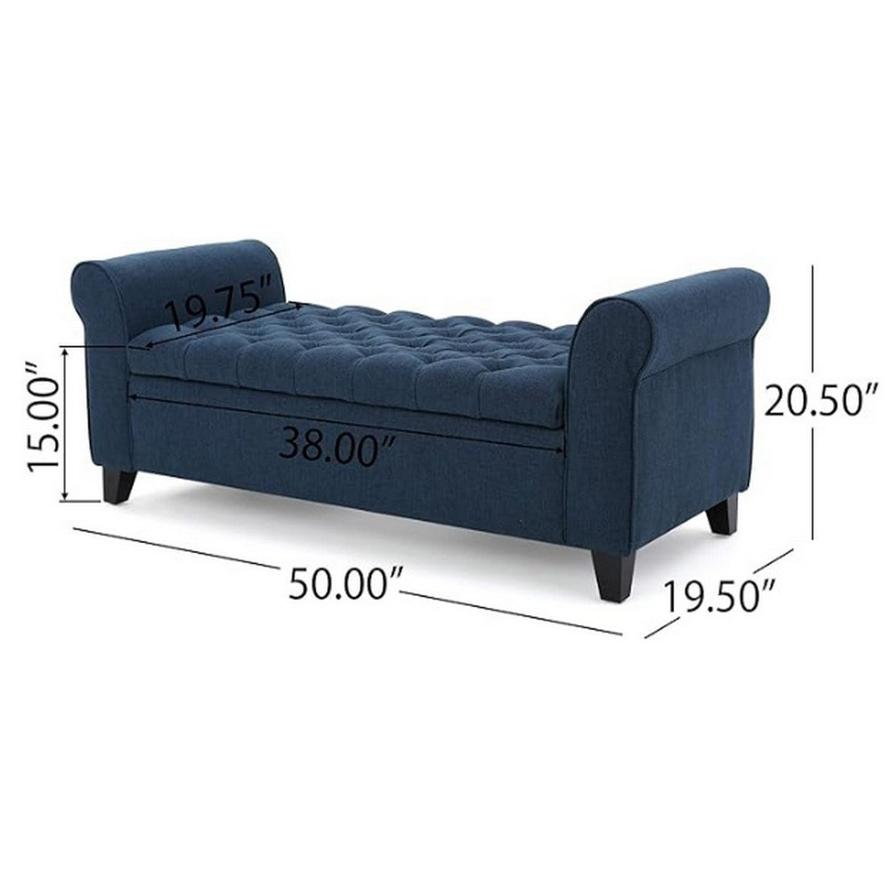 Benjara Shawn Storage Bench with Rolled Arms, 50 Inch Button Tufted, Dark Blue