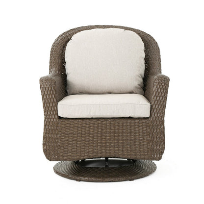 Benjara Kaia Outdoor Swivel Accent Chair Set of 2, Rattan Wicker Weave, Beige