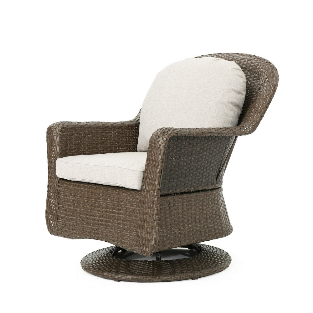 Benjara Kaia Outdoor Swivel Accent Chair Set of 2, Rattan Wicker Weave, Beige