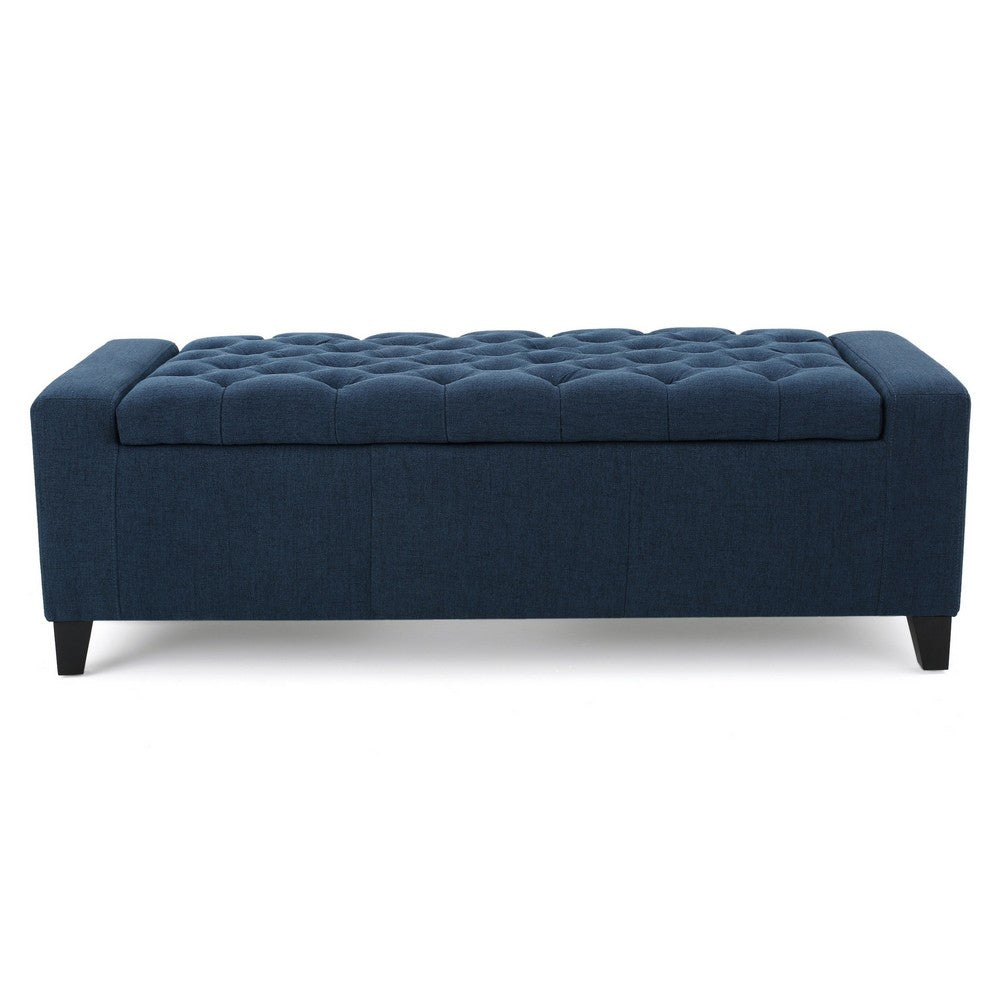 Benjara Storage Ottoman Bench, 51 Inch, Deep Button Tufted Dark Blue Fabric