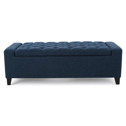 Benjara Storage Ottoman Bench, 51 Inch, Deep Button Tufted Dark Blue Fabric